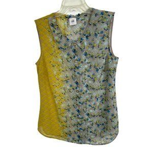 Cabi Women Shirt Size Small Blue Yellow Floral Sheer Sleeveless Peter Pan Collar